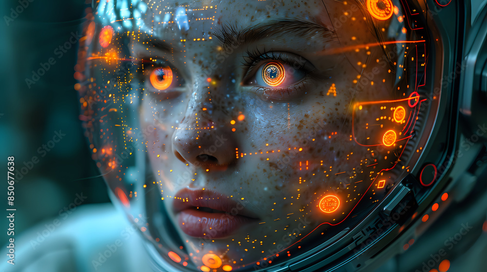 Close-up of a futuristic woman wearing a high-tech helmet with illuminated digital interface, highlighting advanced technology and exploration. Ideal for tech themes, digital innovation Close-up of a futuristic woman wearing a high-tech helmet with illuminated digital interface, highlighting advanced technology and exploration. Ideal for tech themes, digital innovation