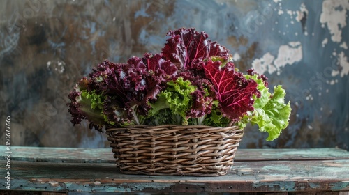 Freshly picked red lettuce in a wicker basket placed on a rustic table
