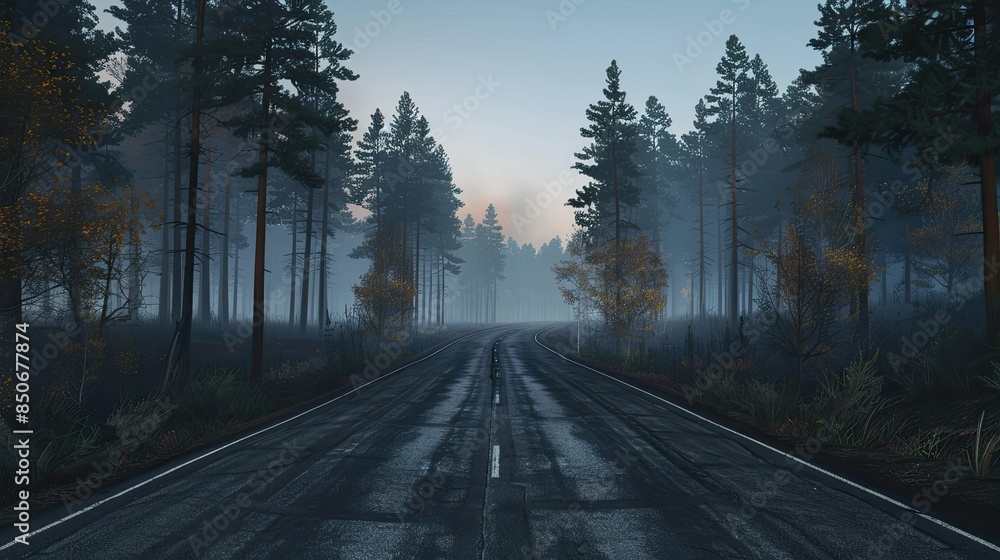 Fototapeta premium The road is empty and between the sides is a pine forest 
