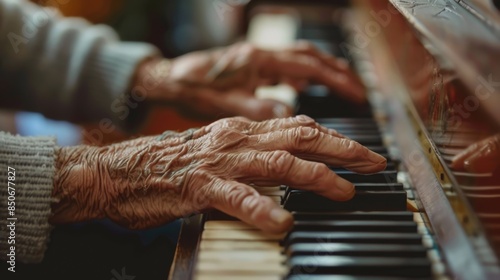 Elderly musician carefully playing the piano, close-up on his hands showing both the pain and the joy of the music --ar 16:9 Job ID: 2f90b89c-c56e-4824-b871-0e1ad5532dfc