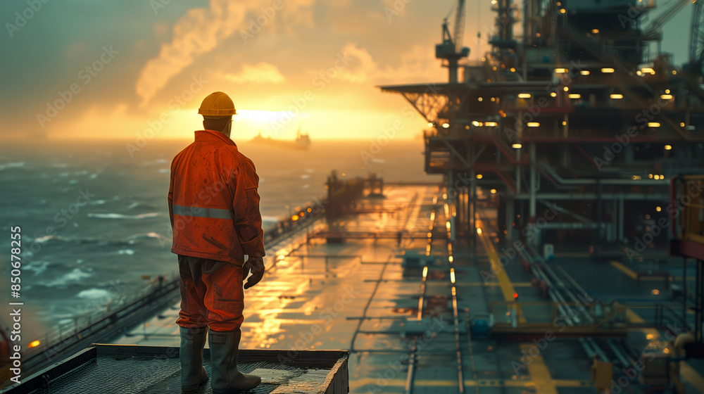 An engineer standing at the edge of an oil platform, looking out over the ocean, with the rig's structure and operational activity behind An engineer standing at the edge of an oil platform, looking out over the ocean, with the rig's structure and operational activity behind