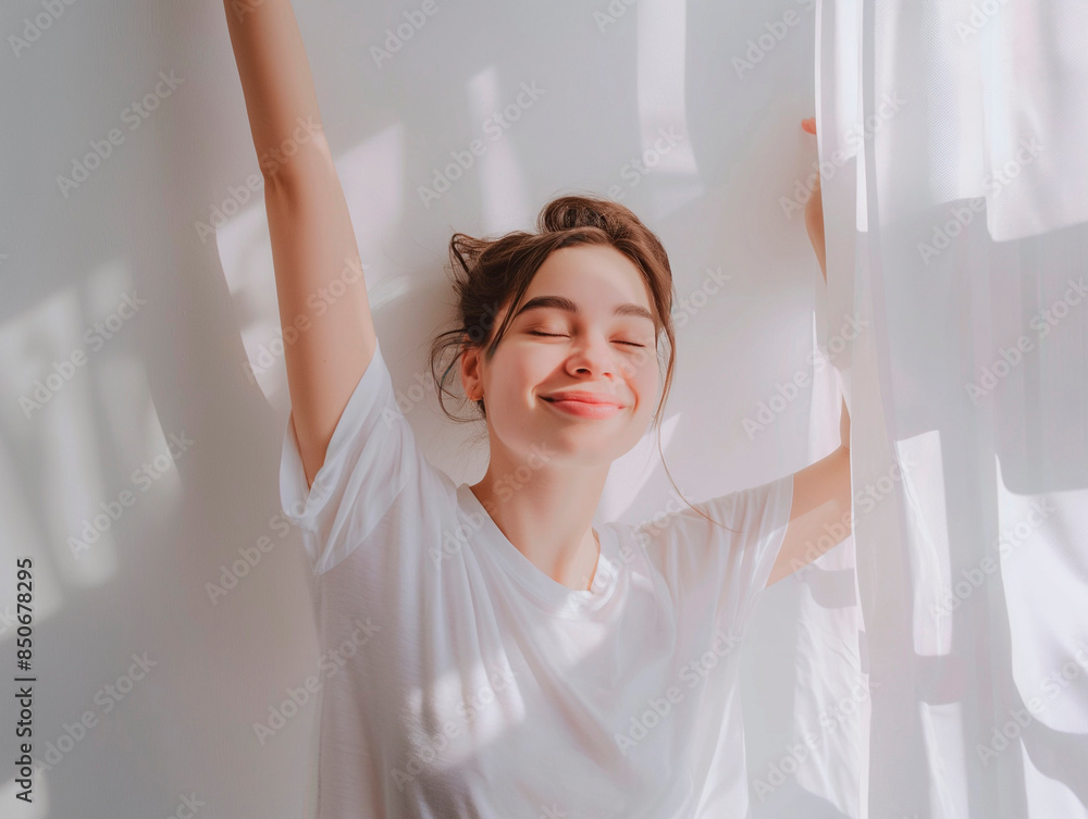 Happy young woman stretching in bed waking up alone happy concept, in cozy comfortable bedroom, enjoy good morning Happy young woman stretching in bed waking up alone happy concept, in cozy comfortable bedroom, enjoy good morning