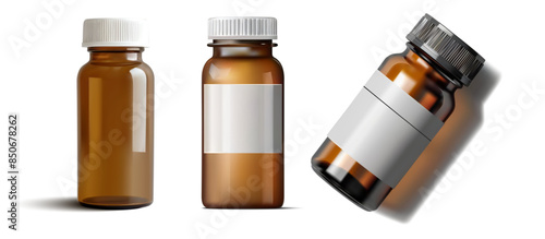 Three amber glass bottles with white caps, used for pharmaceutical purposes. The image features one bottle upright, one tipped, and one lying on its side, all with blank labels for customization.