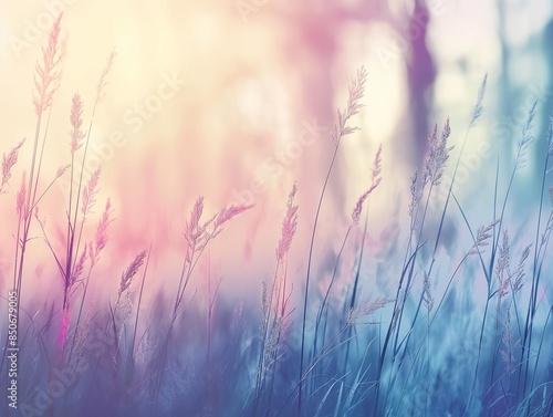 Wild grass in the field with sunbeams, forest at sunset, summer nature background