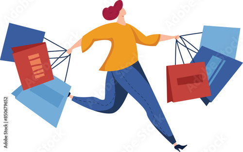 Young adult rushing through sale shopping bags excitement. Consumer hurries take advantage store discounts bags hand. Shopper sprinting carrying shopping eager deals
