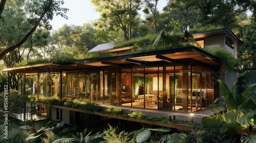 an ultra-modern eco-friendly home nestled in a lush forest, designed with sustainable living solutions.