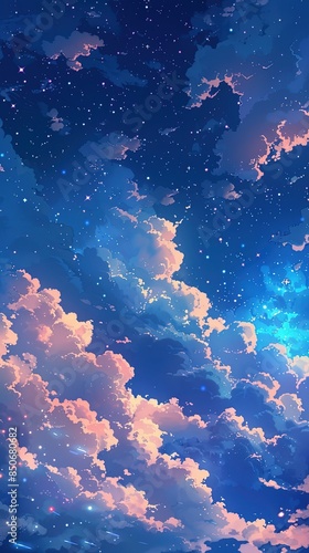 Fantasy Night Sky with Swirling Clouds and Twinkling Stars. Captivating Cartoon Cloudscape Background