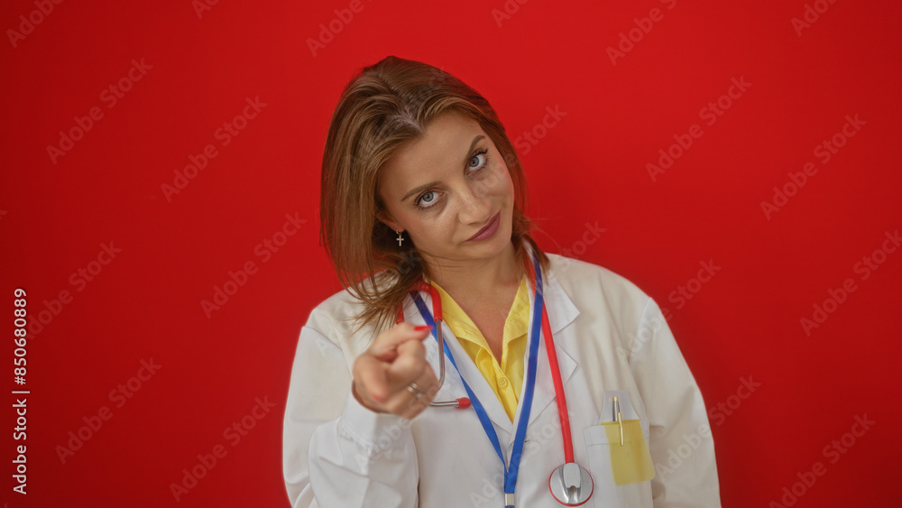 Female doctor in white coat pointing at the camera with a stethoscope on a vivid red background. Female doctor in white coat pointing at the camera with a stethoscope on a vivid red background.