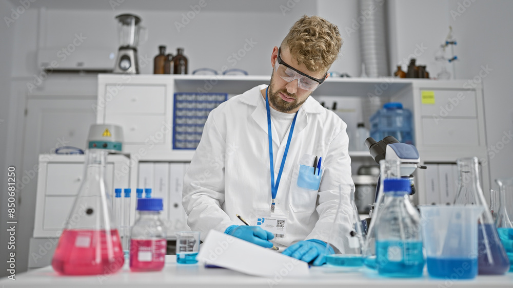 A young bearded man in a lab coat carefully documents his work in a modern laboratory setting. A young bearded man in a lab coat carefully documents his work in a modern laboratory setting.