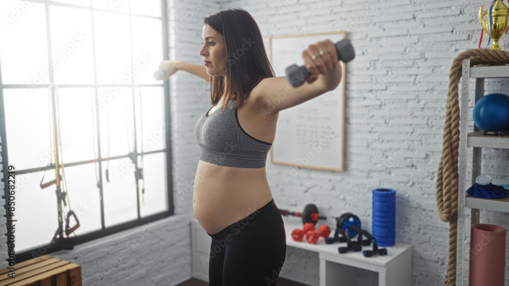 A young, pregnant, hispanic woman works out with dumbbells in an indoor gymnasium, emphasizing her active maternity lifestyle. A young, pregnant, hispanic woman works out with dumbbells in an indoor gymnasium, emphasizing her active maternity lifestyle.