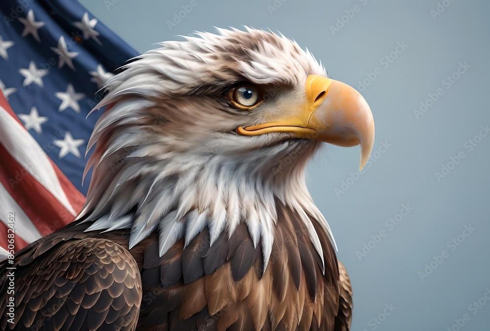 proud beautiful eagle and US flag, symbolizing strength and freedom.