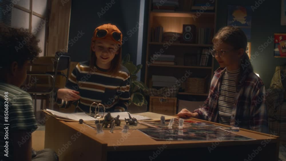 Handheld shot of Caucasian boy explaining rules of board game to diverse friends who looking at cards and maps at night Handheld shot of Caucasian boy explaining rules of board game to diverse friends who looking at cards and maps at night