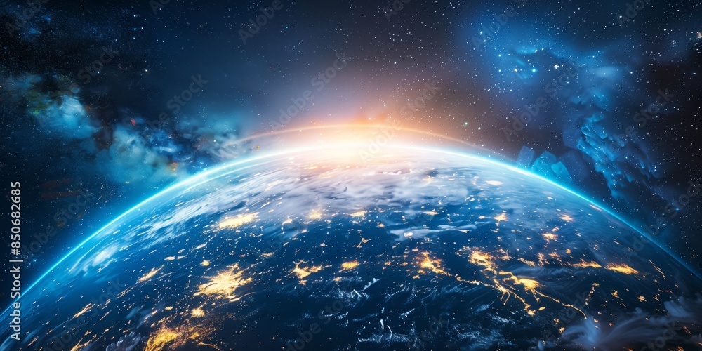 Fototapeta premium Panoramic View of Planet Earth from Space with Glowing Cities