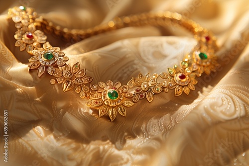 /imagine A close-up of a golden necklace intricately designed with floral patterns and embedded with emeralds and rubies, laying elegantly on a silk fabric backdrop, glistening under soft lighting, photo