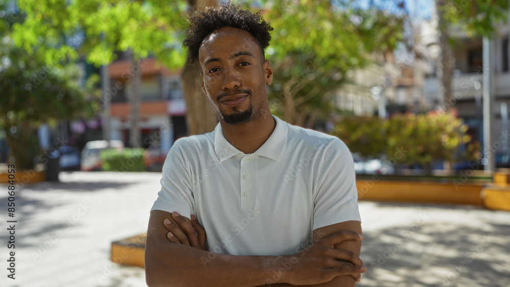 Fototapeta premium A handsome young african american man with a beard stands outdoors in an urban park setting on a sunny day, confidently crossing his arms in a city environment.