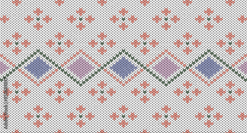 Pink flower and geometric knitted pattern, Festive Sweater Design. Seamless Knitted Pattern
