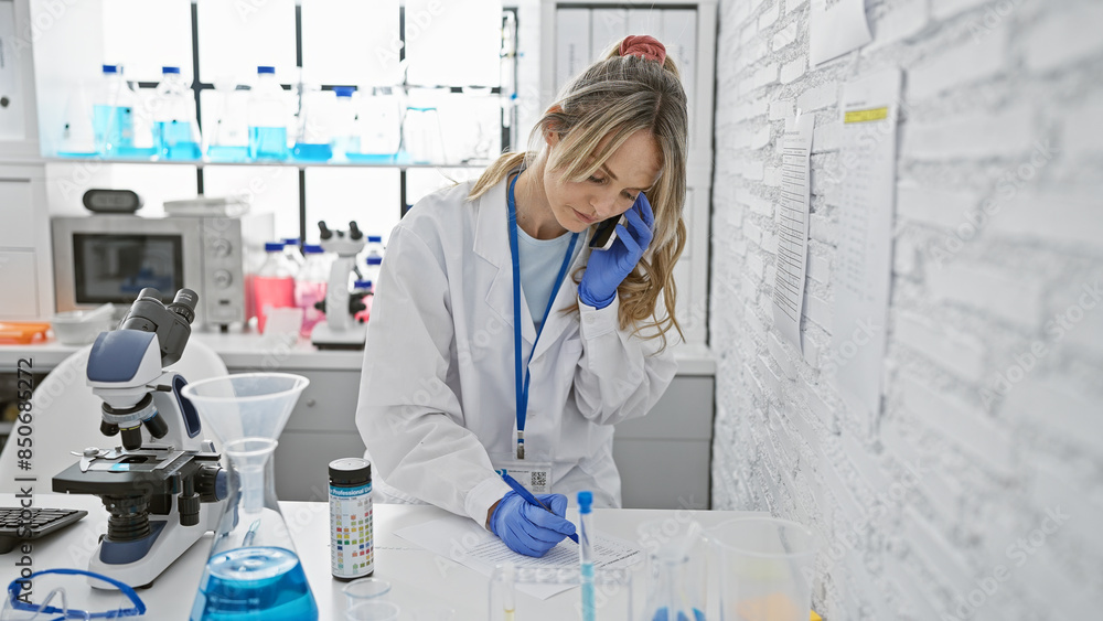 A blonde woman scientist in a lab coat analyzing a test tube while talking on the phone in a laboratory A blonde woman scientist in a lab coat analyzing a test tube while talking on the phone in a laboratory