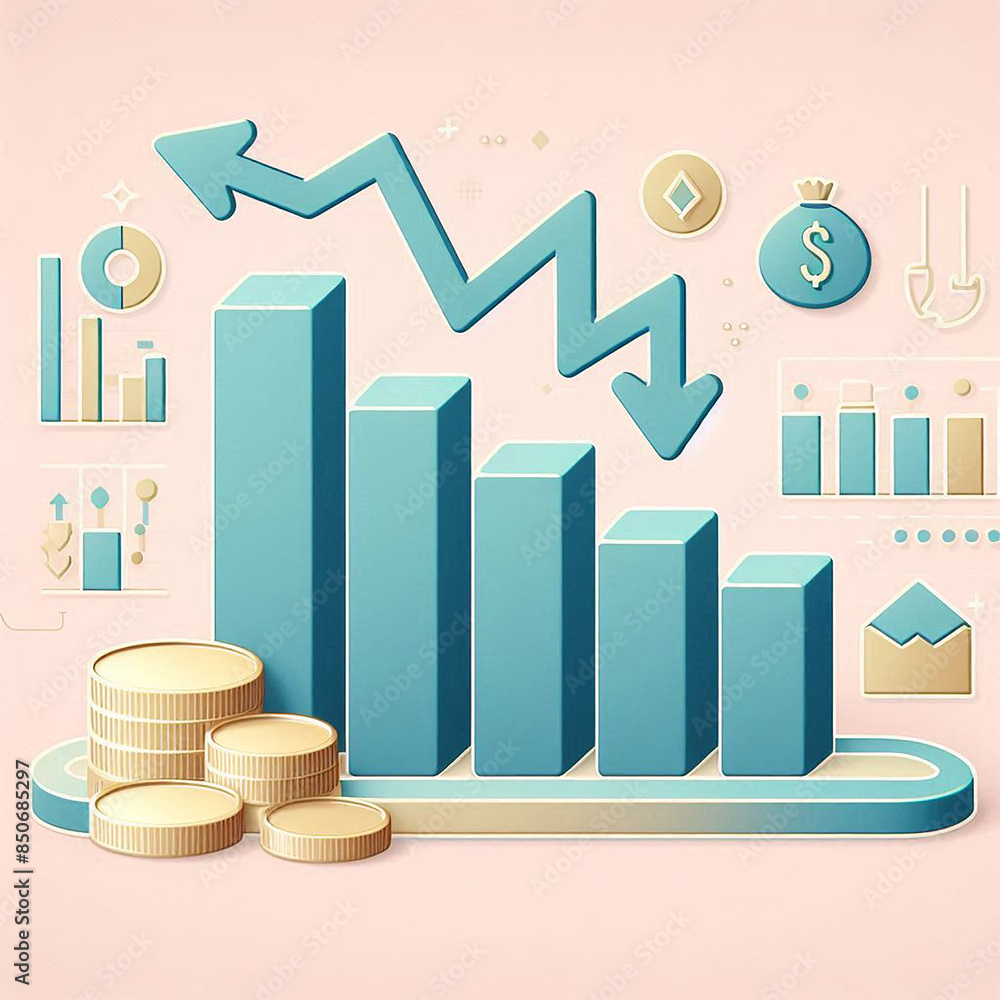3D Simplified icons of downward trending arrows over a bar graph, clear ...