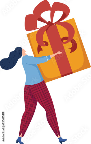 Woman carries oversized gift, red bow, yellow wrapping paper, celebration concept. Lady holding large present, festive mood, giftgiving theme, cheerful event. Female lifting giant box, cheerful
