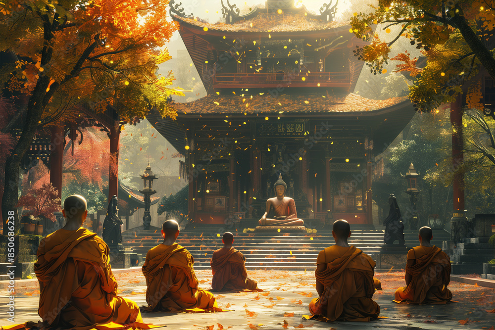 Obraz premium Monks Meditating in Front of a Buddhist Temple During Autumn