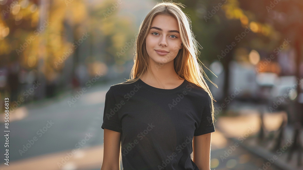 Fototapeta premium a young girl wearing a blank black t-shirt. - mockup.