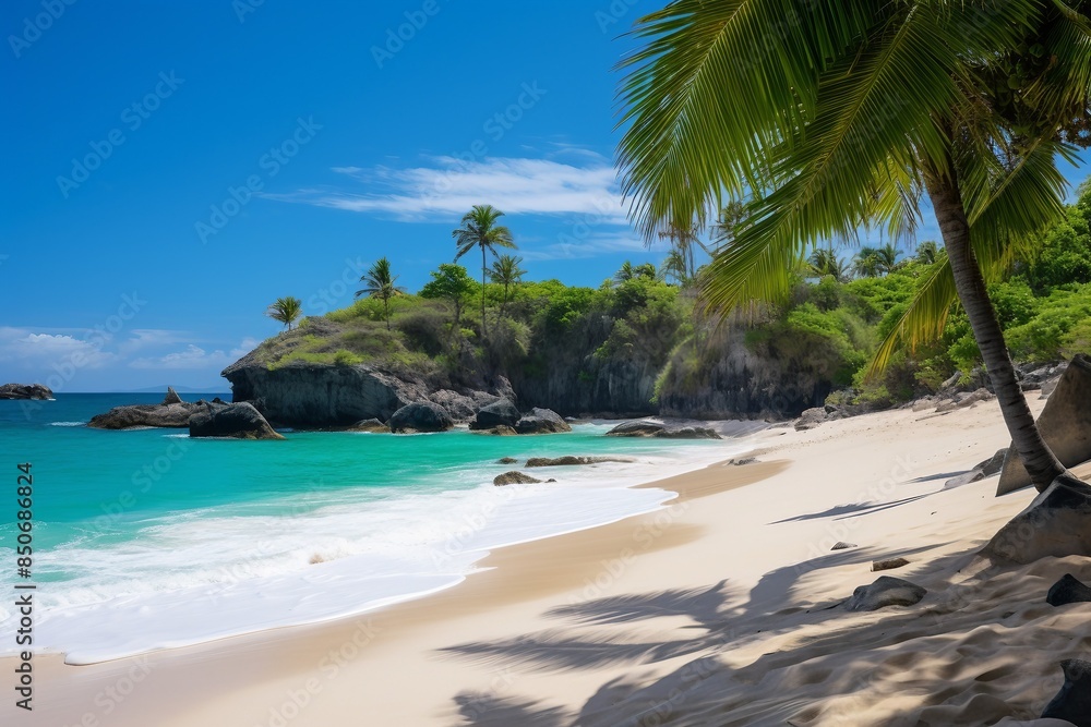 Idyllic Beach View Through Palm Trees With Sunny Skies And Ocean Horizon. Generative AI