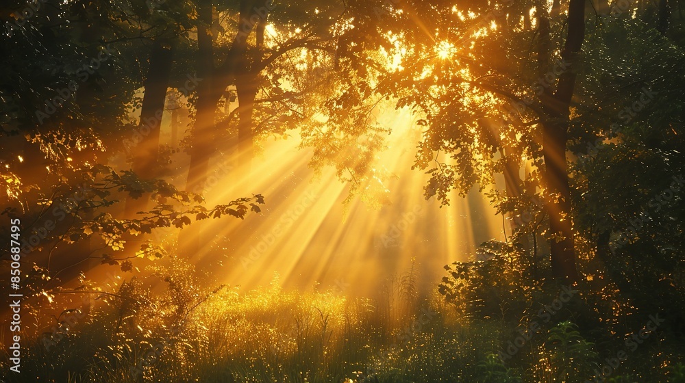 Obraz premium Golden sunlight filtering through the trees in a lush forest