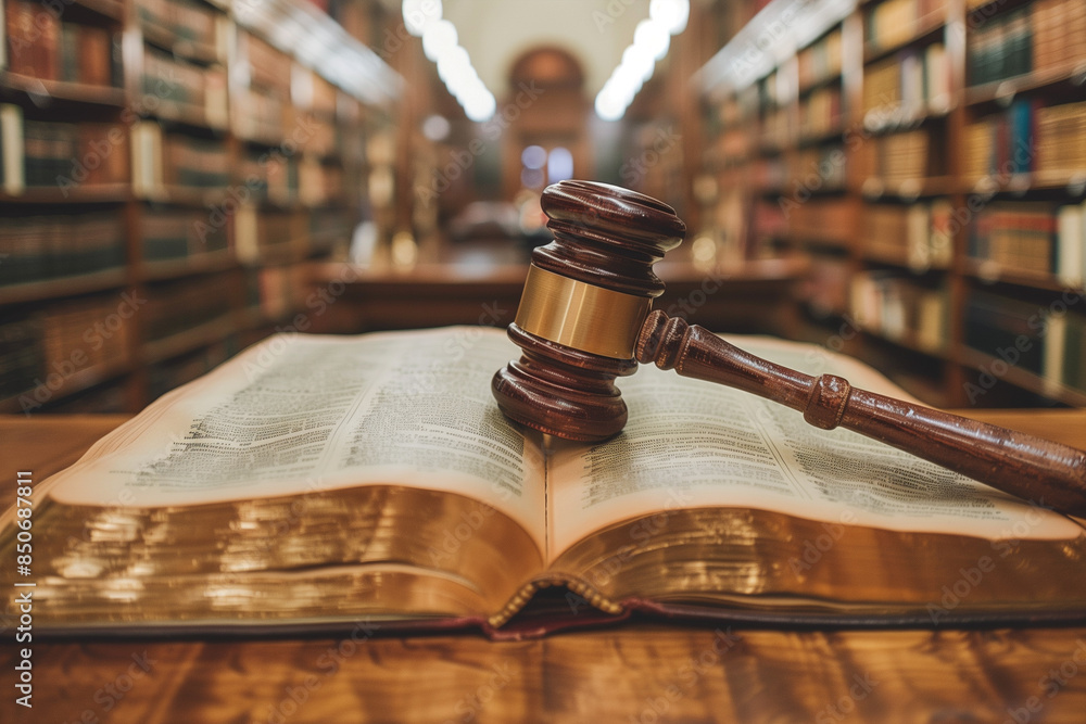 Gavel Resting on Open Book in a Library Gavel Resting on Open Book in a Library