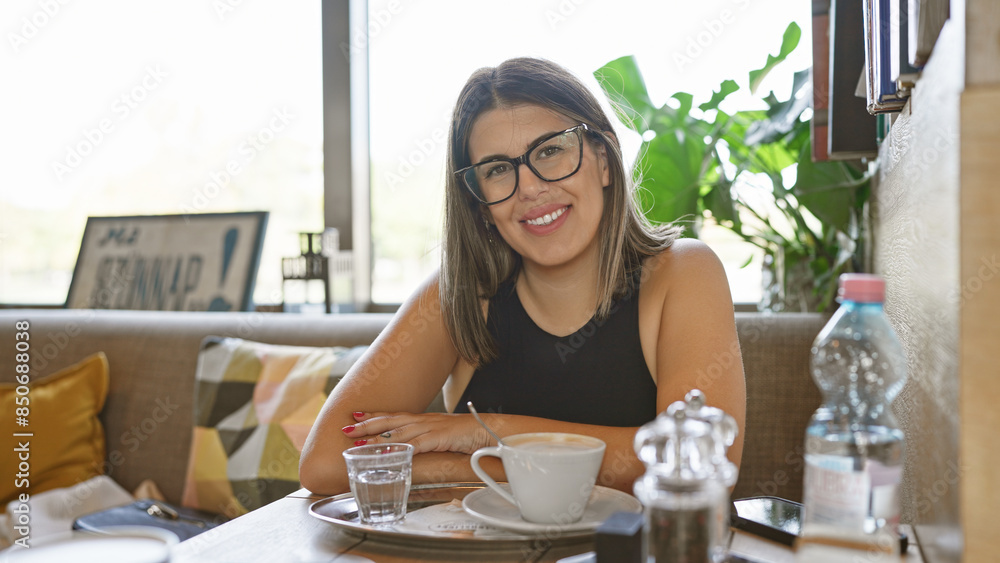 A cheerful young hispanic woman wearing glasses sitting in a bright indoor cafe with a coffee cup on the table. A cheerful young hispanic woman wearing glasses sitting in a bright indoor cafe with a coffee cup on the table.