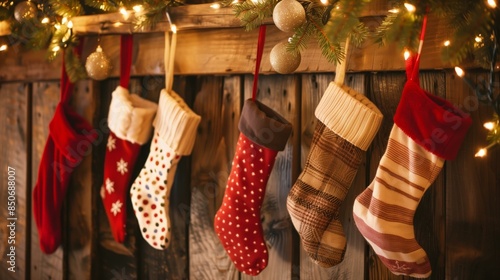 A row of colorful Christmas stockings hanging from a wooden mantel, festively decorated with lights, greenery, and golden ornaments. © Prompt2image