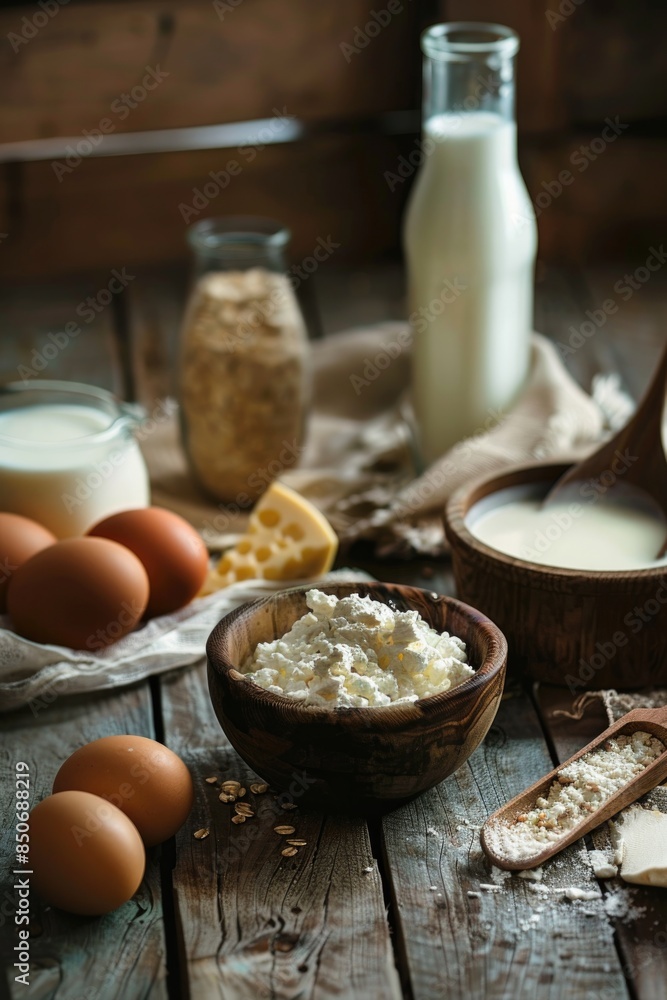 Rustic Dairy Still Life with Fresh Cheese, Milk, and Cottage Cheese in a Cozy Kitchen Rustic Dairy Still Life with Fresh Cheese, Milk, and Cottage Cheese in a Cozy Kitchen