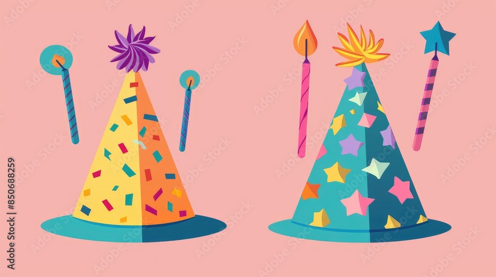 Birthday party hat flat design side view fun theme cartoon drawing Split-complementary color scheme. Birthday party hat flat design side view fun theme cartoon drawing Split-complementary color scheme.