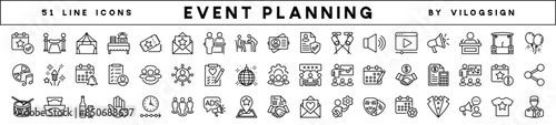 Event planning thin line icon set. Containing party, entertainment, birthday, celebration, wedding, festival, conference, seminar, decoration, calendar, catering, fireworks, organization and more
