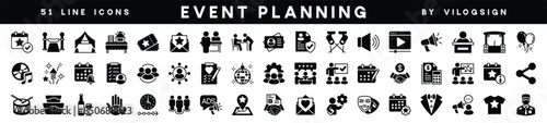 Event planning flat icon set. Containing party, entertainment, birthday, celebration, wedding, festival, conference, seminar, decoration, calendar, catering, fireworks, organization and more