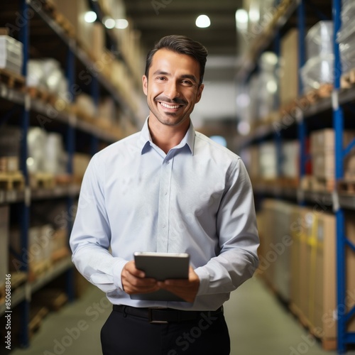 A smiling man holding a tablet stands in a warehouse aisle, surrounded by shelves filled with various boxes and packages. 