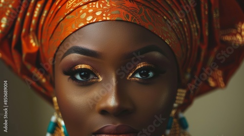 Macro shot of a Nigerian womanâ€™s gele and traditional makeup, emphasizing the vibrant colors and bold styles --ar 16:9 Job ID: a4705db8-e39a-4566-b57b-5a56ee4f6e21