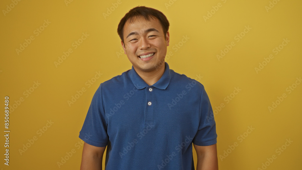 A handsome young chinese man is smiling warmly, wearing a blue polo shirt, isolated against a solid yellow background.