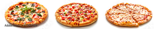 Set of different pizzas top view set. isolated on white background. Mixed vegies pizza, peperoni pizza and Italian pizza.