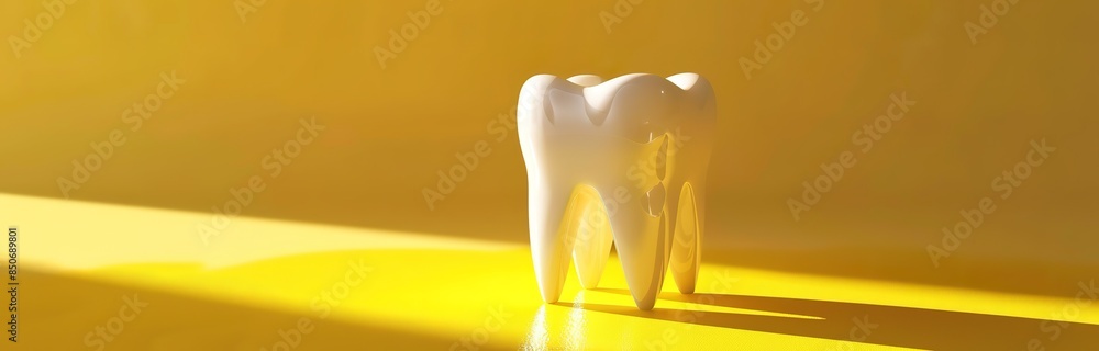 Illustration of a white tooth on a yellow background and a spotlight from the side Illustration of a white tooth on a yellow background and a spotlight from the side
