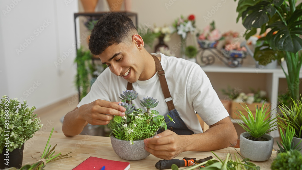 Young man arranging succulents in a flower shop, surrounded by greenery and plants. Young man arranging succulents in a flower shop, surrounded by greenery and plants.