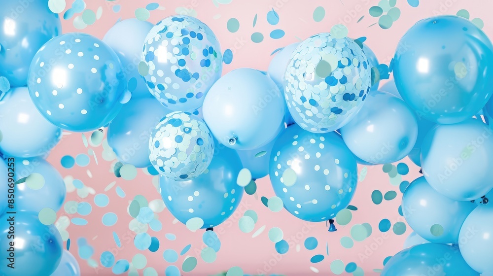 Celebration banner with light blue confetti and balloons Celebration banner with light blue confetti and balloons