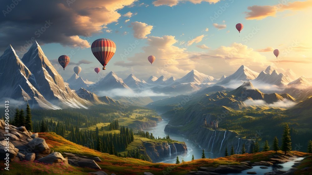 Fototapeta premium the mountains with air balloons flying over and sunlight, Hot air balloons flying in the sky during sunrise over beautiful landscape, colorful hot air balloon gently floats over the unique