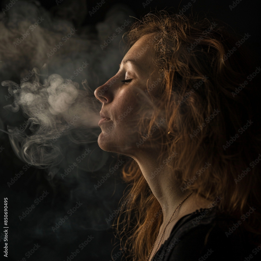 woman blowing breath portrait, Woman blowing smoke out of her mouth woman blowing breath portrait, Woman blowing smoke out of her mouth