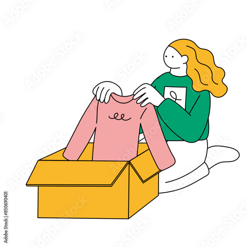 段ボールに洋服を詰める女性のイラスト
