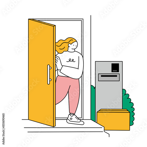 玄関で置き配を受け取る女性の線画イラスト
