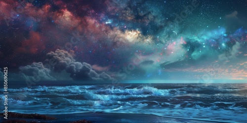 Stunning celestial landscape with colorful night sky over calm ocean waves, capturing the beauty of the universe and nature's serenity.