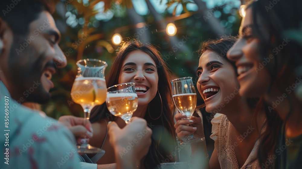 Friends toasting with drinks outdoors in a joyful celebration, sharing laughter and bonding under the festive evening lights in a warm, lively atmosphere Friends toasting with drinks outdoors in a joyful celebration, sharing laughter and bonding under the festive evening lights in a warm, lively atmosphere