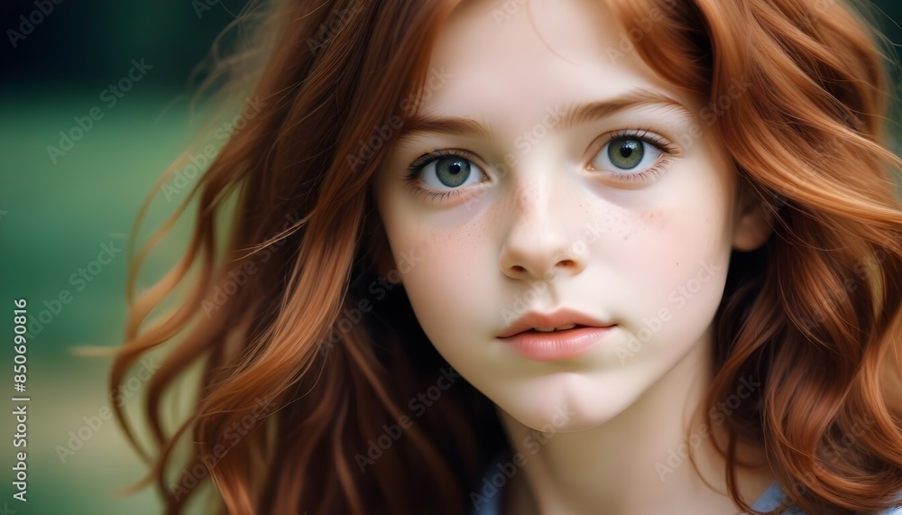 Young serious auburn haired girl background header banner design poster Young serious auburn haired girl background header banner design poster
