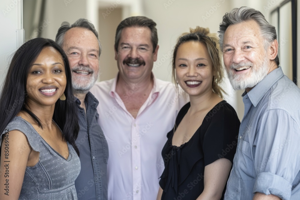 Group of diverse people in a circle looking at the camera and smiling Group of diverse people in a circle looking at the camera and smiling