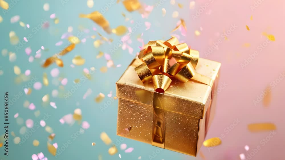 Golden Luxury party gift box with golden ribbon bow on festive birthday background with balloons, confetti and , Party or birthday celebration Golden Luxury party gift box with golden ribbon bow on festive birthday background with balloons, confetti and , Party or birthday celebration